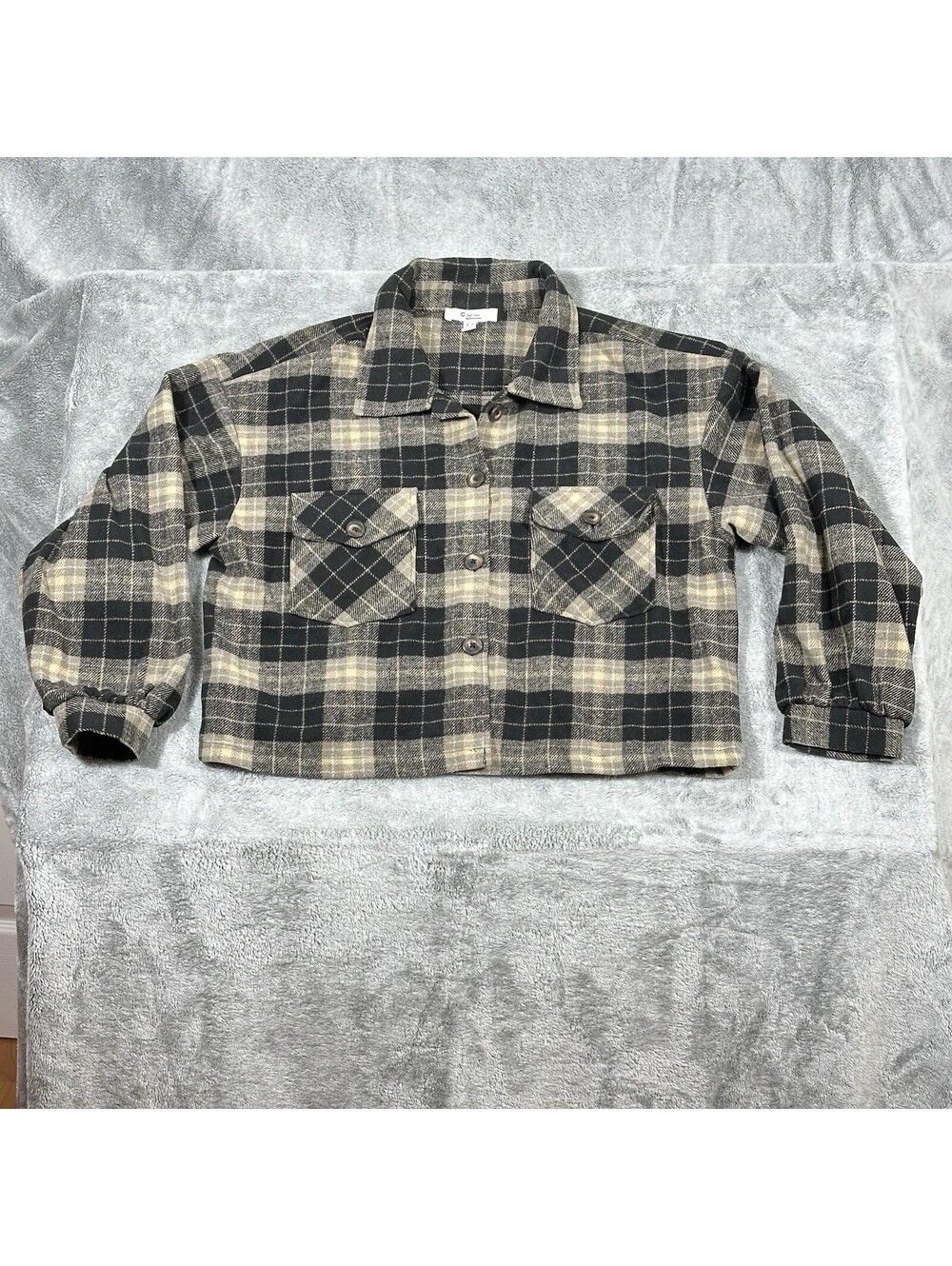 C By One Womens XL Plaid Flannel Shirt Shacket Brown Black Cropped Button Front